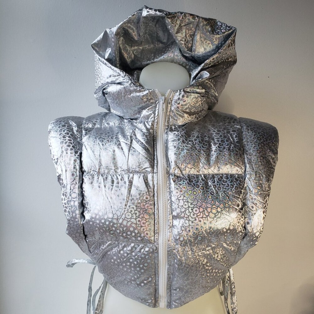 Silver Shine Holographic Crop Puffer Vest Rave Gem Y2K Style Zip + Side Strings